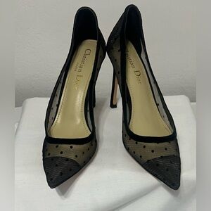 Christian Dior Mesh Polka Dot Pumps Size 37D Black Sheer Pointed Toe Heels